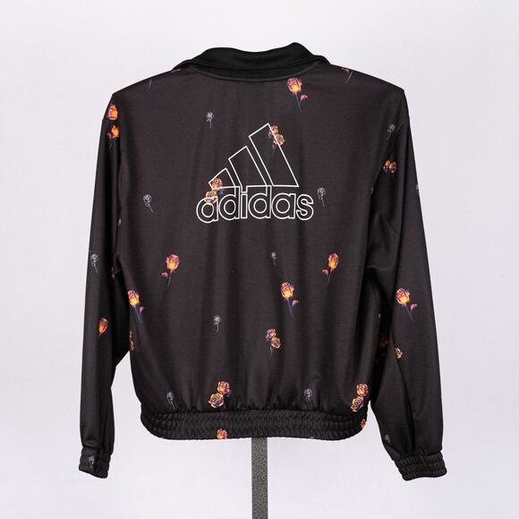 Adidas Women's Full Zip Rose Floral Print Track Jacket Size SMALL Pockets Black - Picture 1 of 7